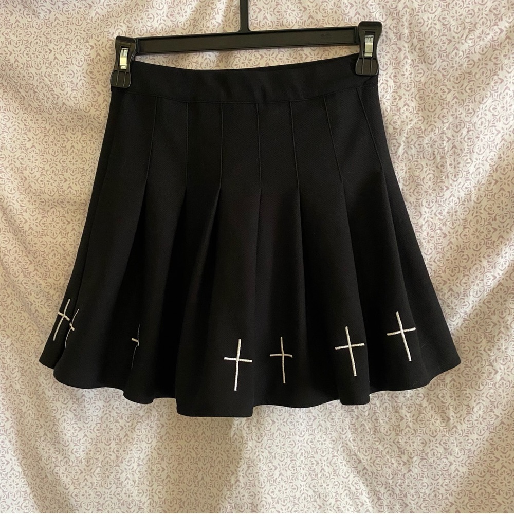Goth Black Skirt with Cross Embroidery and Shorts Underneath Size S